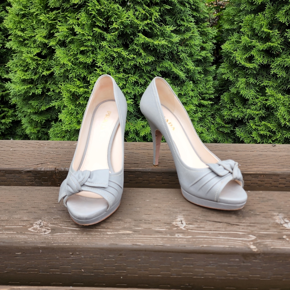 Prada Milano Leather Open Toe with Bow Pumps Heels Size 37.5  US 7.5
